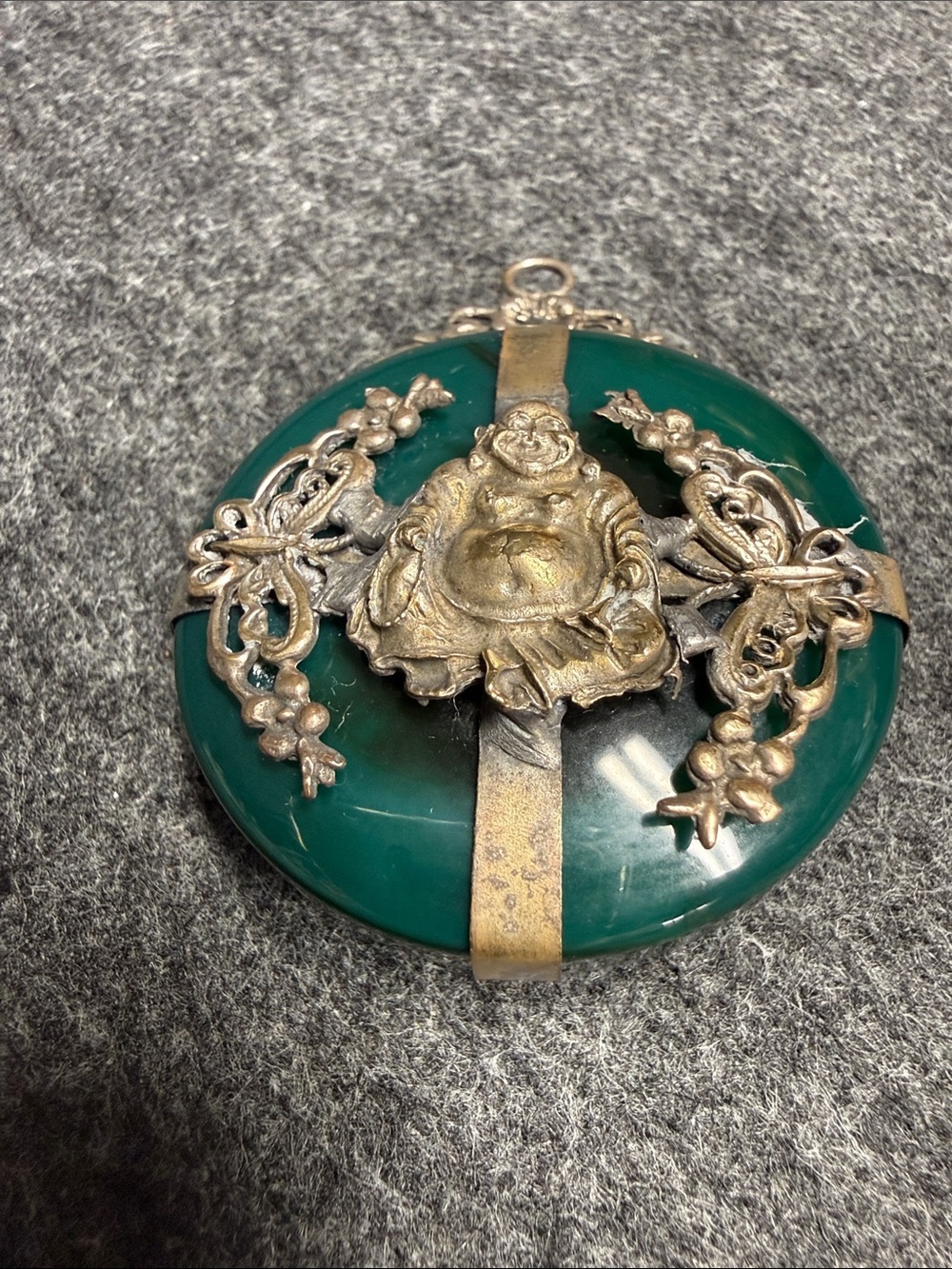 Antique, vintage, Green Jade-Style Buddha Brooch with Silver-Toned Accents - Picture 4 of 11